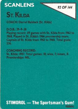 1988 Scanlens VFL #92 Darrel Baldock Back